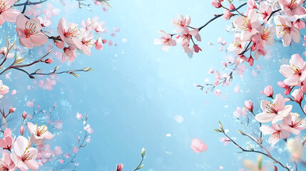 Blue background with a frame made of spring blossoms with space for text.