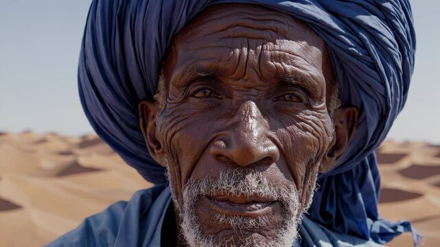 Tuareg elder with intense gaze in desert, wearing deep blue turban, symbol of strength and heritage.