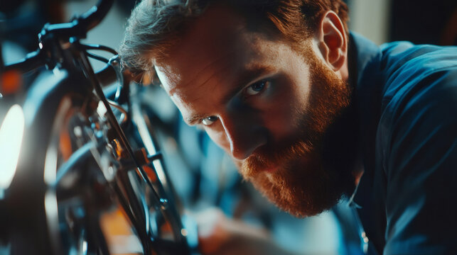 Professional bicycle mechanic focused on repairing a bike in a workshop, demonstrating skill and expertise with tools and equipment