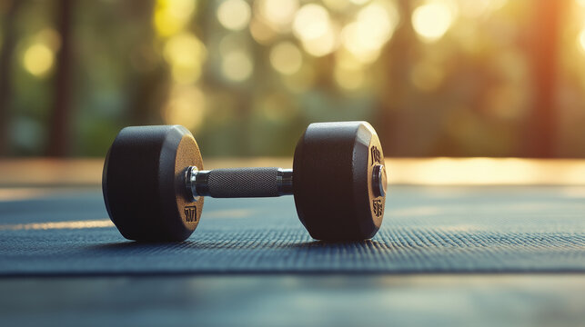 primer plano de mancuerna en una alfombra de yoga
