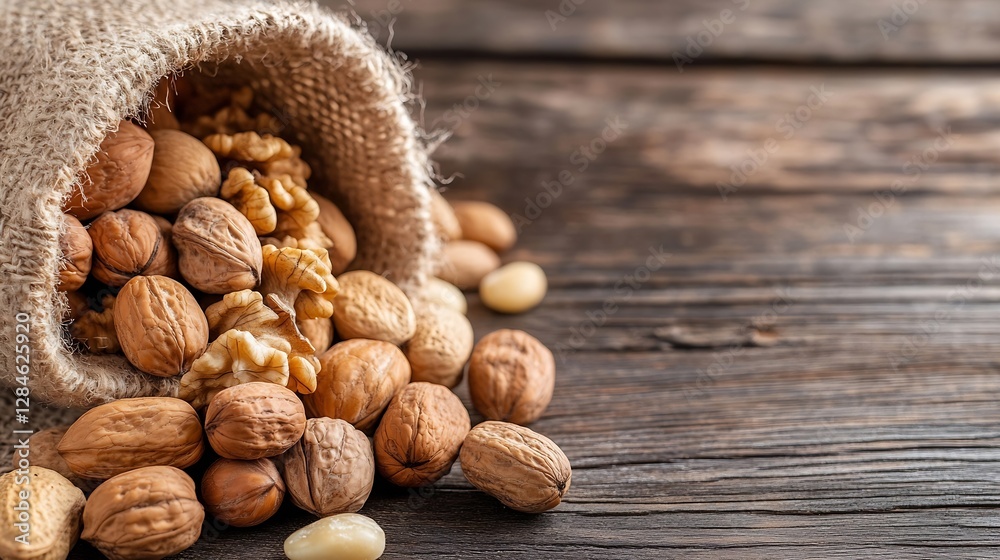Aufkleber Aromatic selection of mixed nuts spilling from a jute bag on rustic wooden background : Generative AI