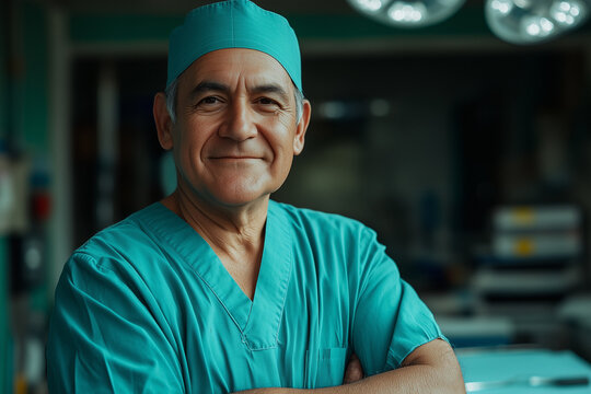 feliz m&eacute;dico senior de venezuela est&aacute; en la mesa detr&aacute;s del quir&oacute;fano. 