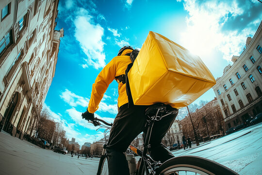 Gran angular de repartidor en bici con una caja amarilla en la ciudad