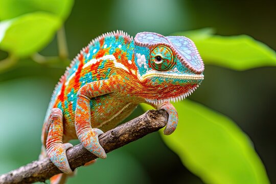 A panther chameleon, Furcifer pardalis Ambilobe, sitting on a tree