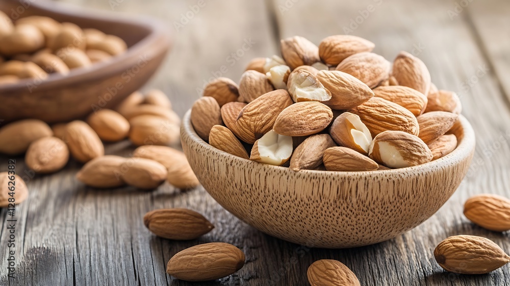 Poster delicious almonds piled in a bowl on a rustic table signifying healthy snack choices : generative ai