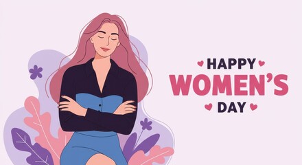 A cheerful illustration for Women's Day a woman with long flowing hair wearing a black top and blue skirt with her arms crossed over her chest the text HAPPY WOMEN'S DAY is written in bold letters