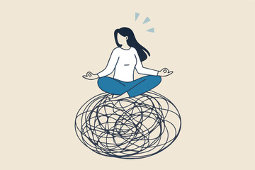 Stress management, meditation or relaxation to reduce anxiety, control emotion during problem solving or frustration work concept, woman in lotus meditation on chaos mess line with positive energy.