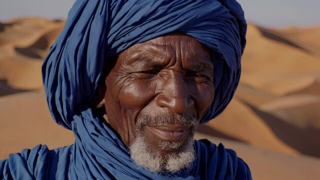 Smiling Tuareg elder in blue turban standing in golden Sahara dunes under soft daylight.