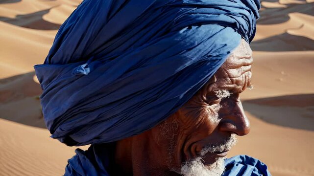 Elderly Tuareg man in traditional blue turban, serene and wise, in Sahara desert dunes.