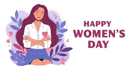 A cheerful illustration for Women's Day a woman with long flowing hair wearing a white top and blue skirt with her arms crossed over her chest the text HAPPY WOMEN'S DAY is written in bold letters