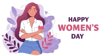A cheerful illustration for Women's Day a woman with long flowing hair wearing a white top and blue skirt with her arms crossed over her chest the text HAPPY WOMEN'S DAY is written in bold letters