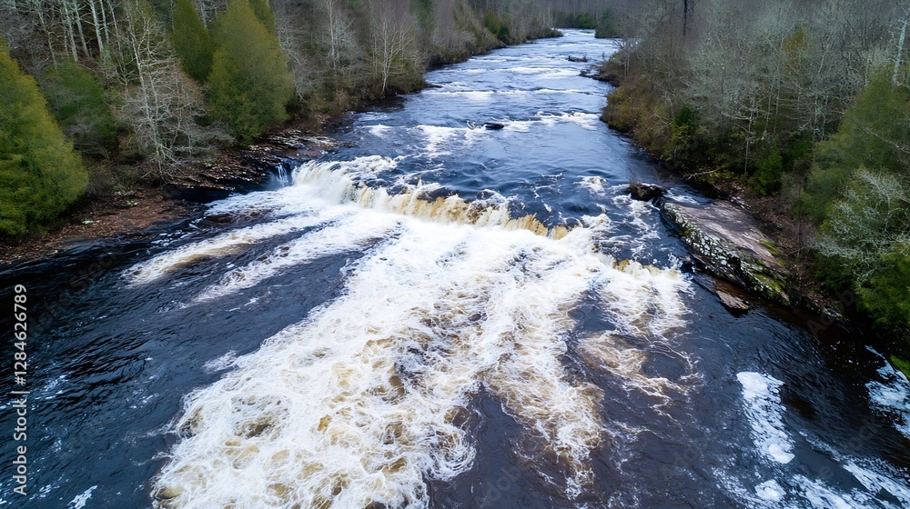 Poster Aerial view of a beautiful waterfall cascading into a flowing river surrounded by lush greenery : Generative AI