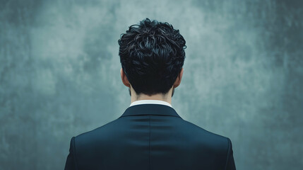 Rear view of businessman turning his head slightly to the left against a grey background. Generative AI