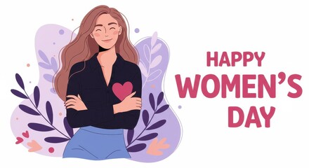 A cheerful illustration for Women's Day a woman with long flowing hair wearing a black top and blue skirt with her arms crossed over her chest the text HAPPY WOMEN'S DAY is written in bold letters