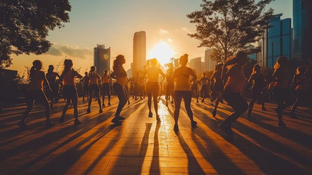 Silhouetted Fitness Class at Sunset: Urban Wellness