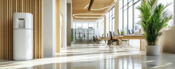 Modern office with water cooler and plants in bright open workspace