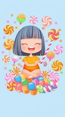 Happy Little Girl Surrounded by Colorful Candies and Lollipops