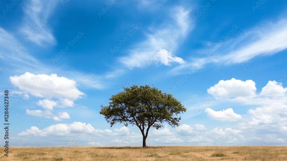 Aufkleber lone majestic tree standing tall under a beautiful blue sky with fluffy clouds : generative ai