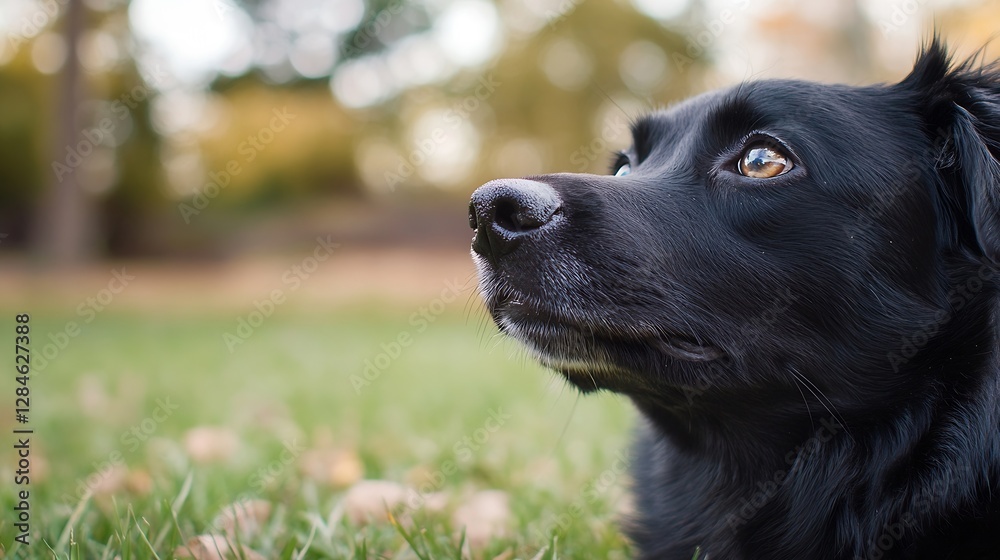 Aufkleber close up of a black dog with a thoughtful expression enjoying the fresh air in a grassy field : gene