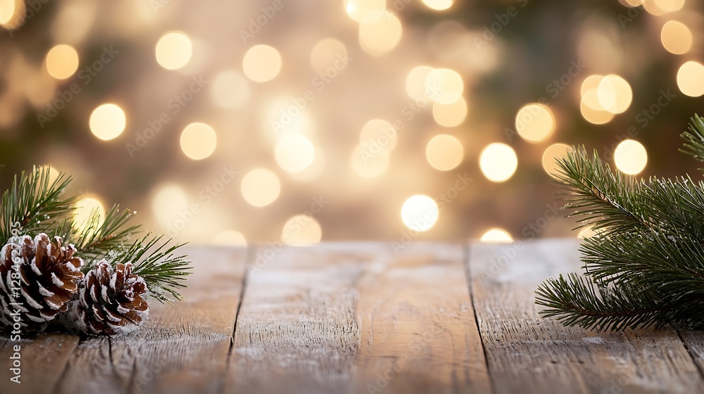 Poster Cozy wooden table adorned with pine cones and greenery against a backdrop of softly glowing Christmas lights : Generative AI
