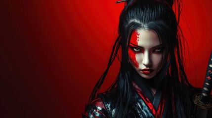 Fototapeta premium Warrior in striking red and black attire holding a sword with intense gaze against a vibrant backdrop