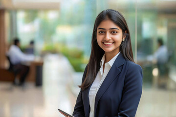 Una foto de cuerpo completo de una joven empresaria india segura de sí misma parada en una oficina espaciosa y moderna, sonriendo a la cámara mientras sostiene una tableta digital