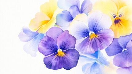 Obraz premium Vibrant watercolor illustration of delicate pansies in joyful purple, yellow, and blue hues celebrating nature's beauty