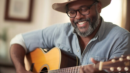 Obraz premium Happy mature musician playing acoustic guitar at home sitting on couch wearing eyeglasses and hat, smiling
