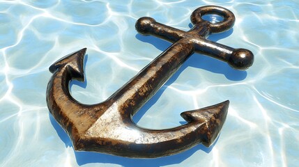 A weathered anchor rests in clear blue shallow rippling water