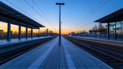 Naklejka premium Stunning empty train station at sunrise showcasing vibrant colors in the sky and wellmaintained platforms : Generative AI
