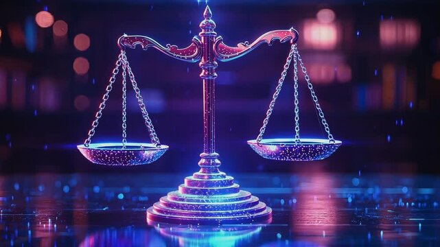 Law and Technology: An artistic digital image of a balance scale, symbolizing justice, set against a futuristic and abstract background. The scales are adorned with shimmering, and glowing effects.