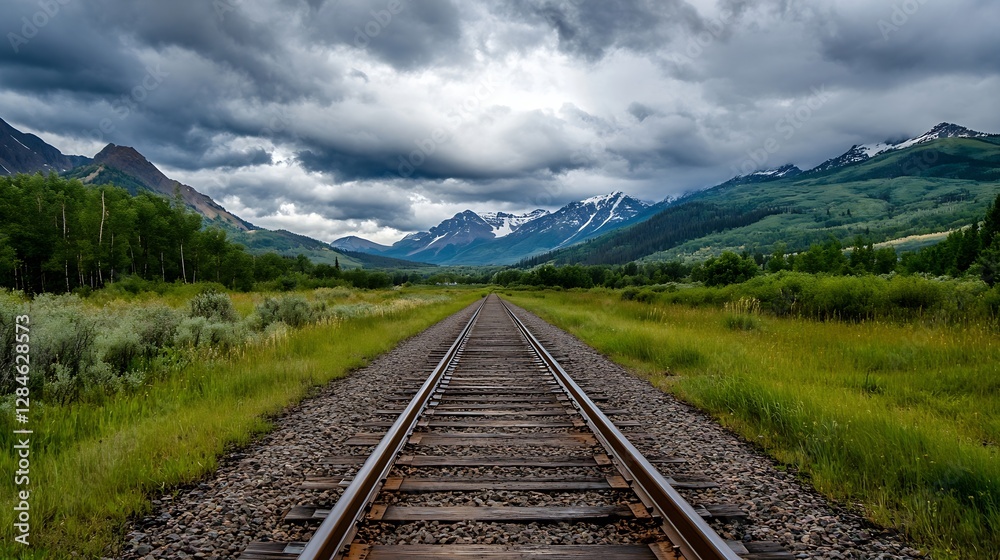 Poster Rustic railway tracks surrounded by lush greenery and mountains under a cloudy sky : Generative AI