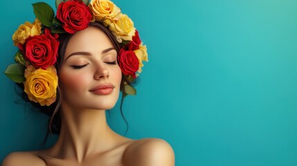Woman with flower crown posing gracefully against a vibrant blue background in a serene indoor setting