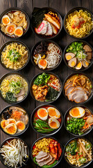 Fototapeta premium Variety of Delicious Ramen Noodle Recipes Showcasing Flavor Diversity and Vibrant Presentation