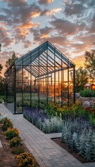 Obraz premium Eco-Friendly Modern Glass Greenhouse at Sunset Surrounded by Lush Gardens and Pathways