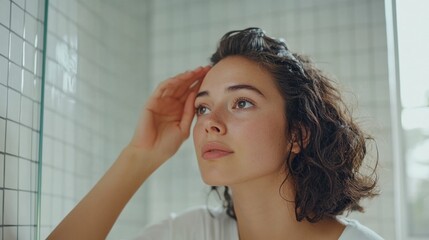 A woman with thinning hair examining her hairline in a bathroom mirror. Featuring awareness and self-care