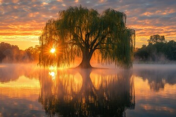 Majestic weeping willow tree silhouetted against a vibrant sunrise reflected in a tranquil lake.