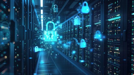 Secure Data Storage in a Modern Server Room with Holographic Padlocks for Cybersecurity Concept
