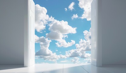 Naklejka premium An abstract white geometric background displays an open doorway that reveals a bright sky filled with fluffy clouds, creating a serene atmosphere