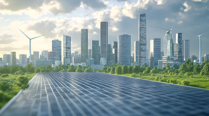 3D visualization of a futuristic city with sustainable energy sources like solar panels, wind turbines, and green urban spaces.