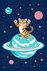 Cute Tiger Cub Astronaut on a Planet in Space - Children's Illustration