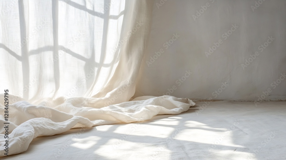Leinwandbilder Soft natural light filtering through sheer curtain creating delicate shadow patterns on white floor : Generative AI