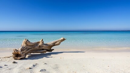 A driftwood log resting on a sandy beach with clear turquoise water and a blue sky overhead : Generative AI