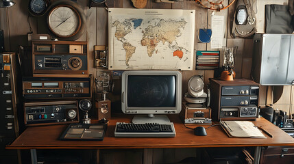 Retro expedition workstation with analog communication devices and cartography instruments