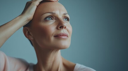 A woman with thinning hair gently brushing her hair after using a revitalizing product. Featuring hair nourishment and growth