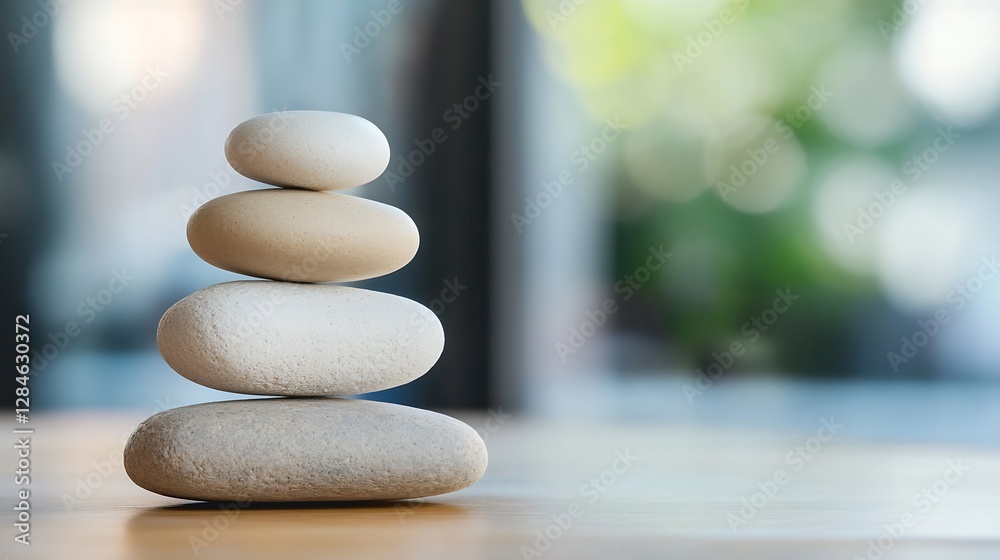 Poster calming stacked stones on a wooden surface symbolizing balance and serenity in nature : generative a