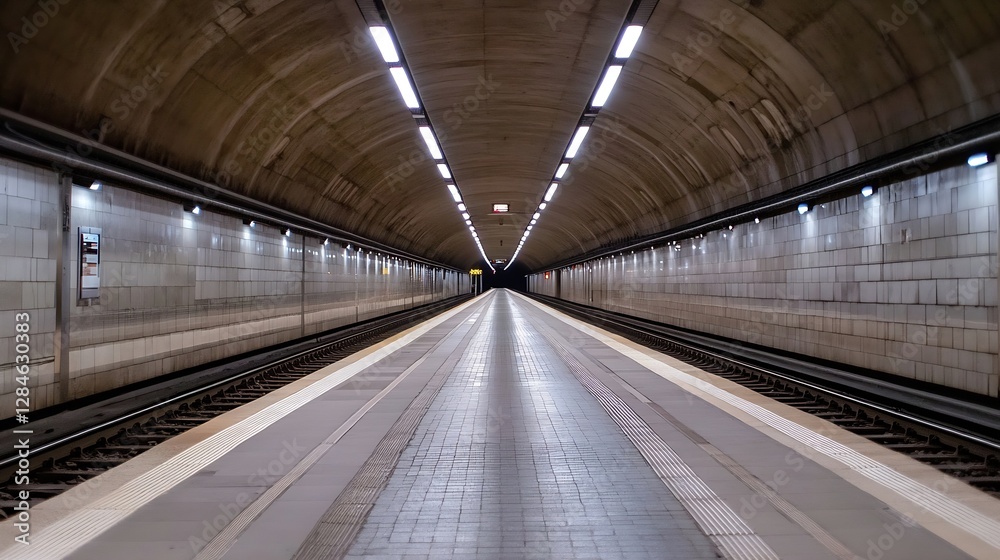 Poster Wide empty subway station tunnel illuminated by bright lights creating a dramatic effect : Generative AI