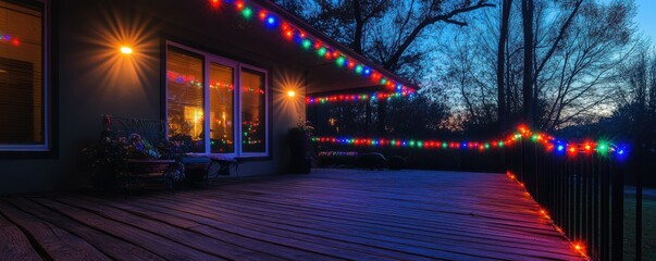 Obraz premium Festive outdoor deck with colorful christmas lights at dusk