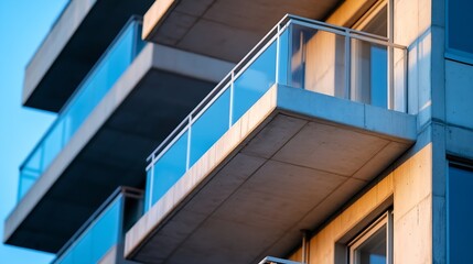 Close up view of modern apartment balconies with glass and concrete designs : Generative AI