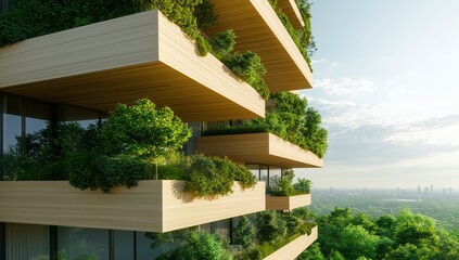 Fototapeta premium Modern apartment buildings with green sustainable features, featuring wooden accents and large balconies for outdoor living spaces